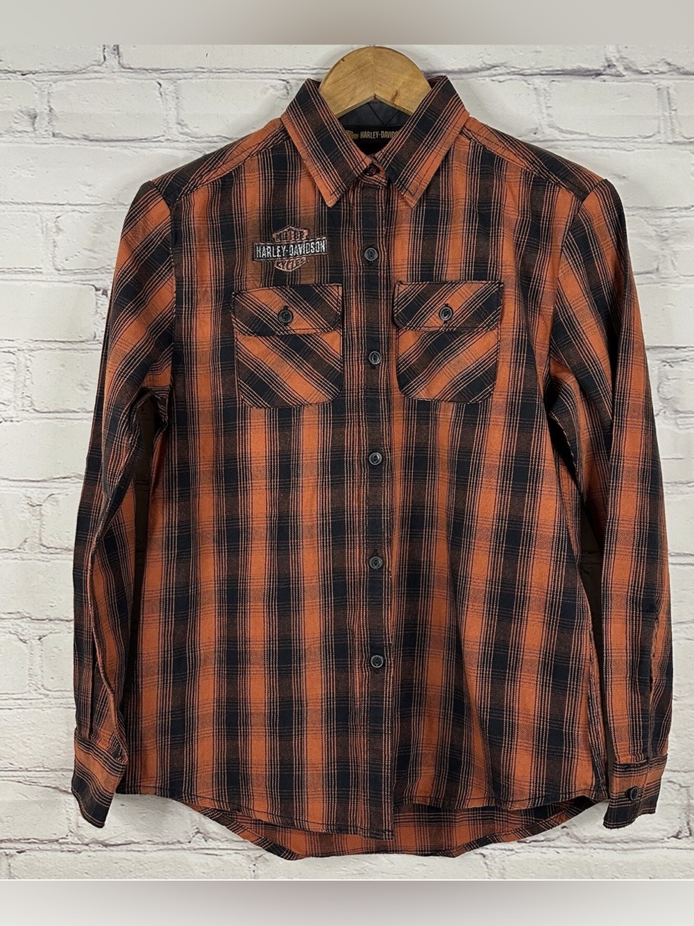 Harley-Davidson Black & Orange Plaid Long Sleeve Button-Down Shirt